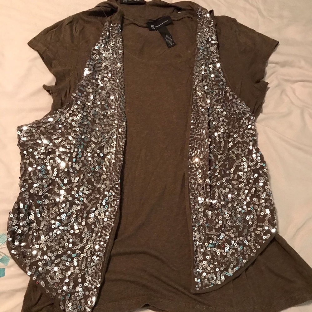 INC olive green shirt with attached sequined vest